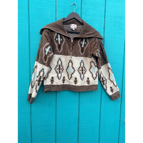 Pink Republic Sweaters - Cosby Style South Western Saddleback Quarter Zip Sweater Cowichan Style Brown S
